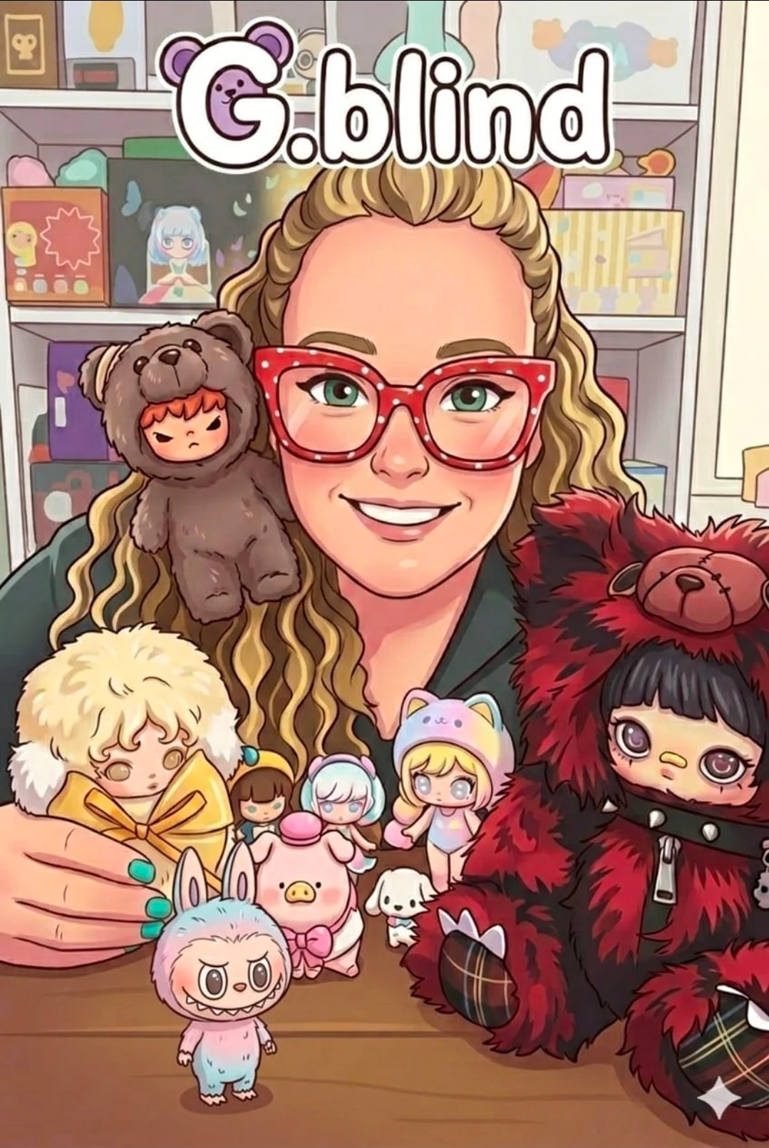 Vittoria, founder di G-Blind, circondata da figure e peluche da collezione